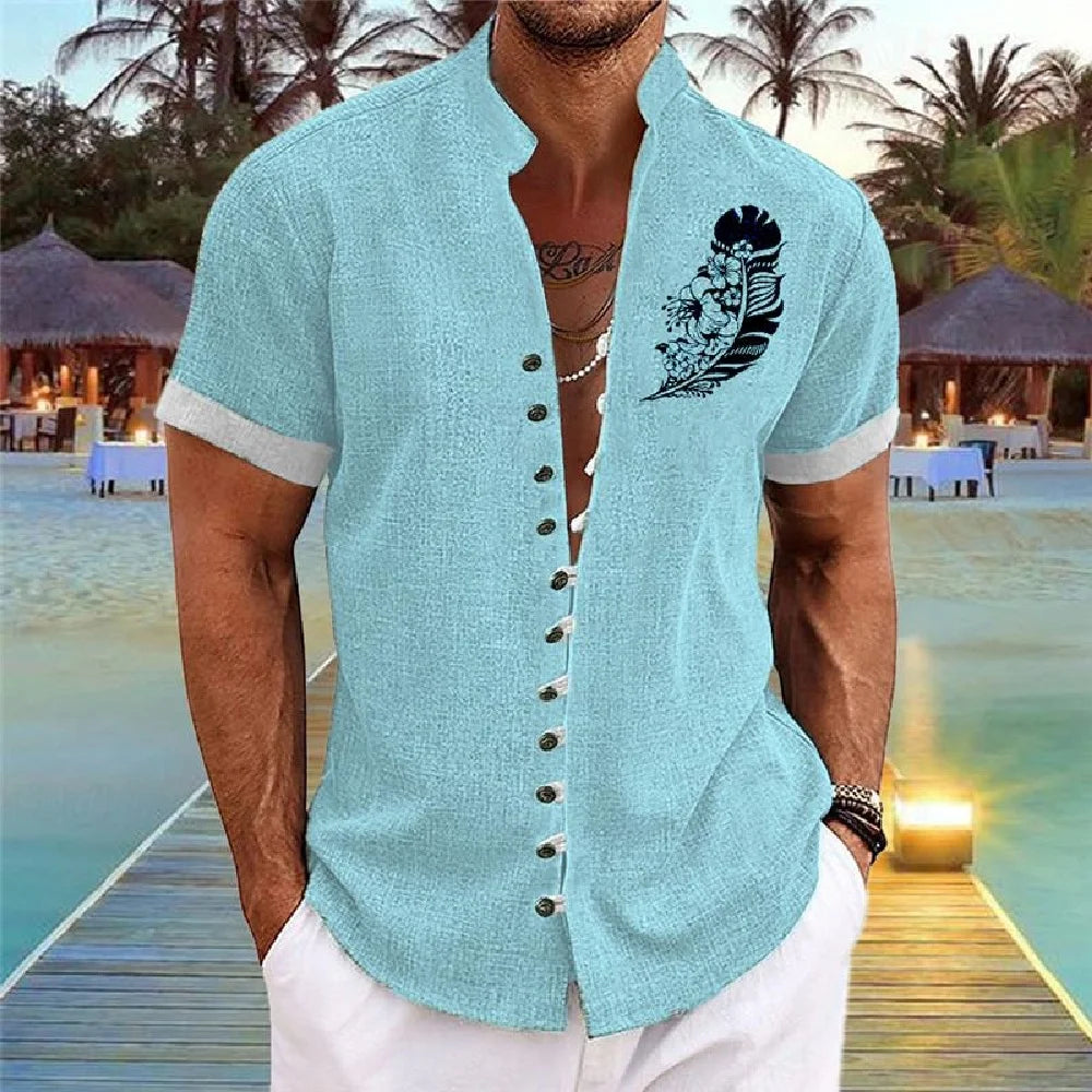 Men Linen Shirt Short Sleeve Retro Ethnic Print Shirt