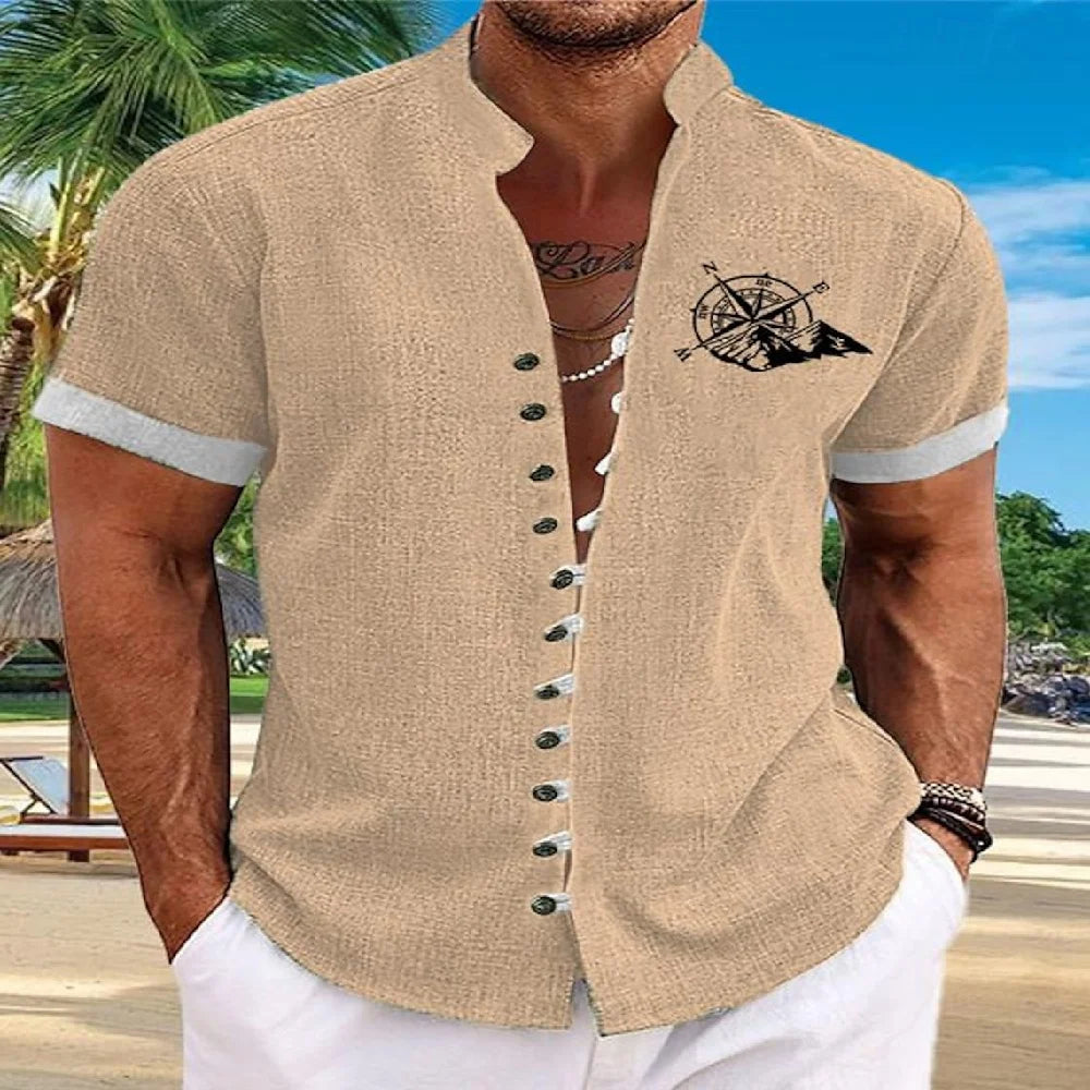 Men Linen Shirt Short Sleeve Retro Ethnic Print Shirt