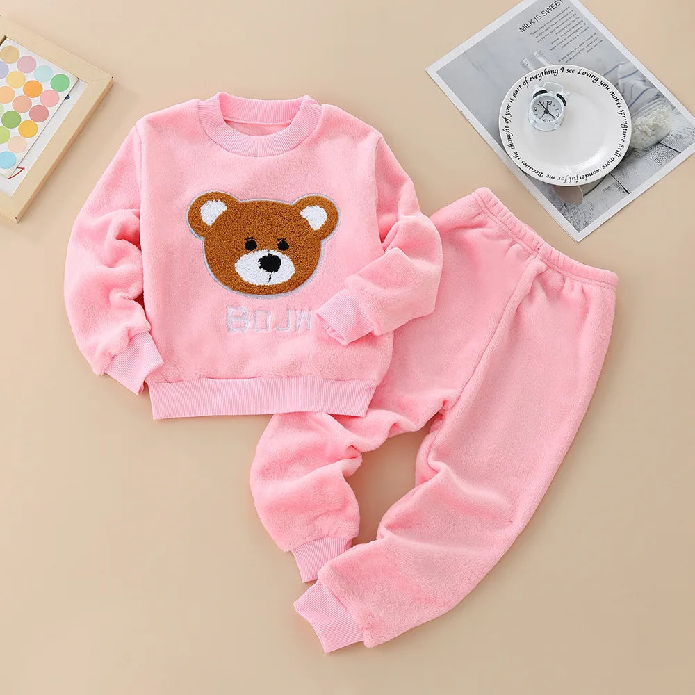 Kids Flannel Pajamas 2Pcs Warm Coral Fleece Sleepwear