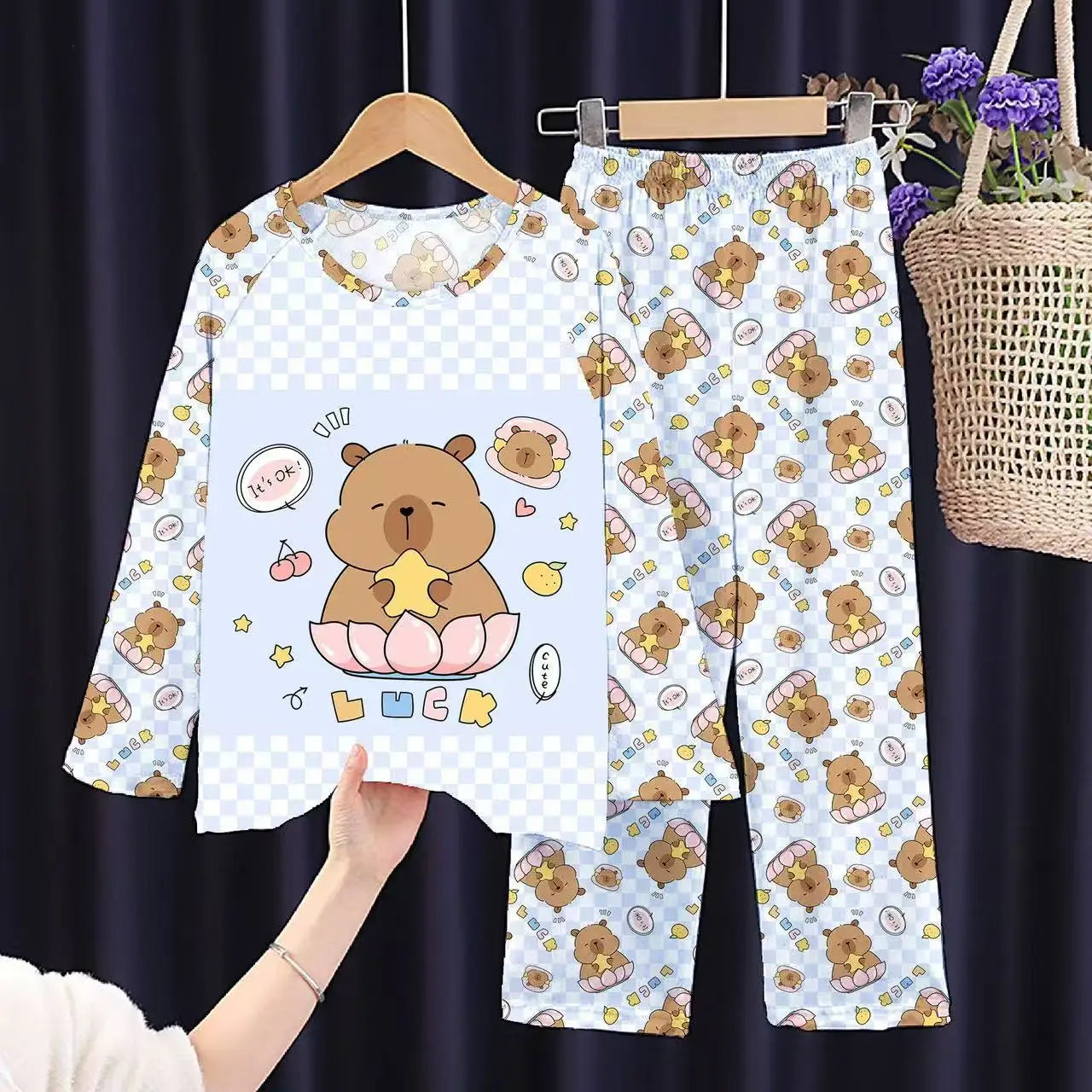 Kids Cartoon Pajama Set Capibara Long Sleeve Sleepwear