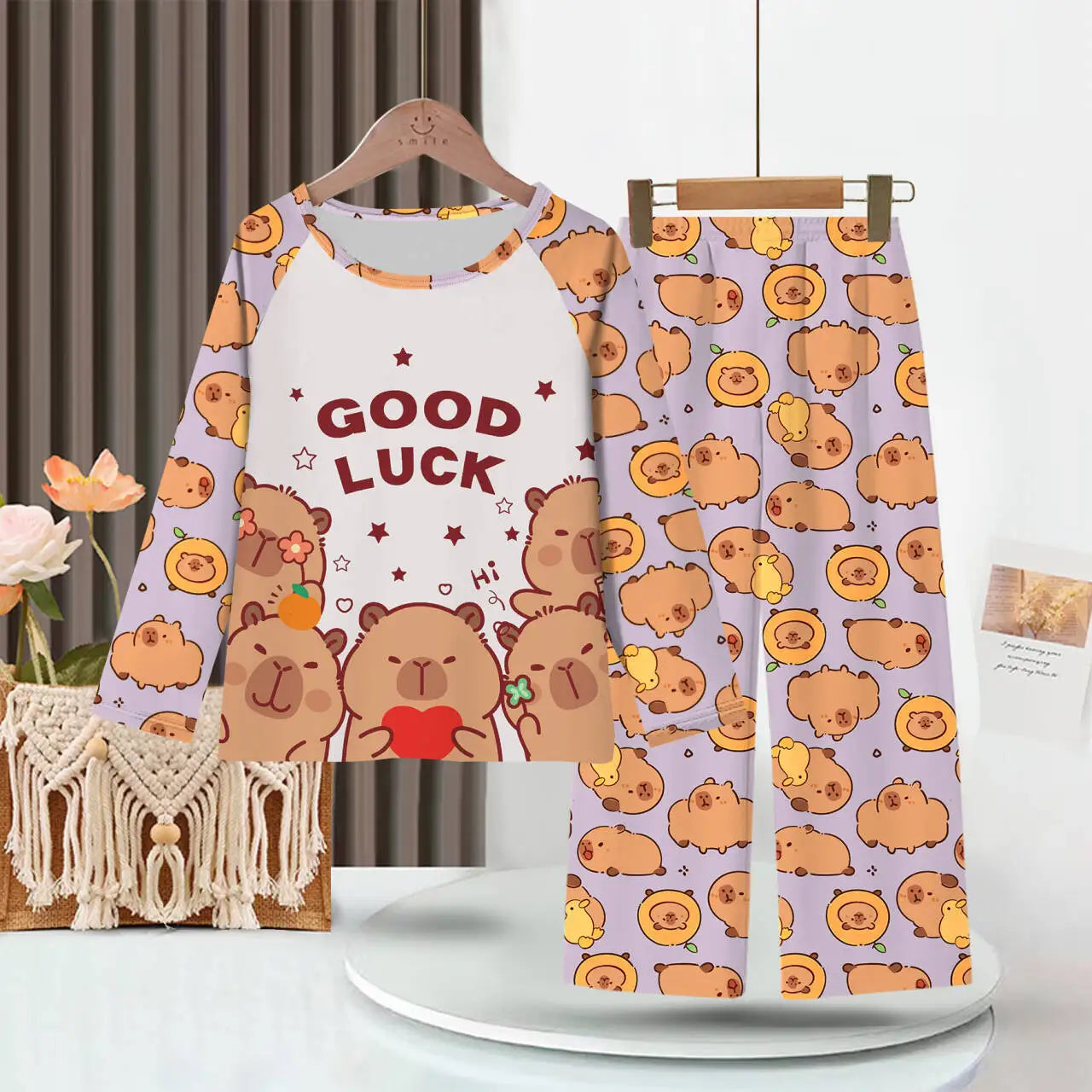 Kids Cartoon Pajama Set Capibara Long Sleeve Sleepwear
