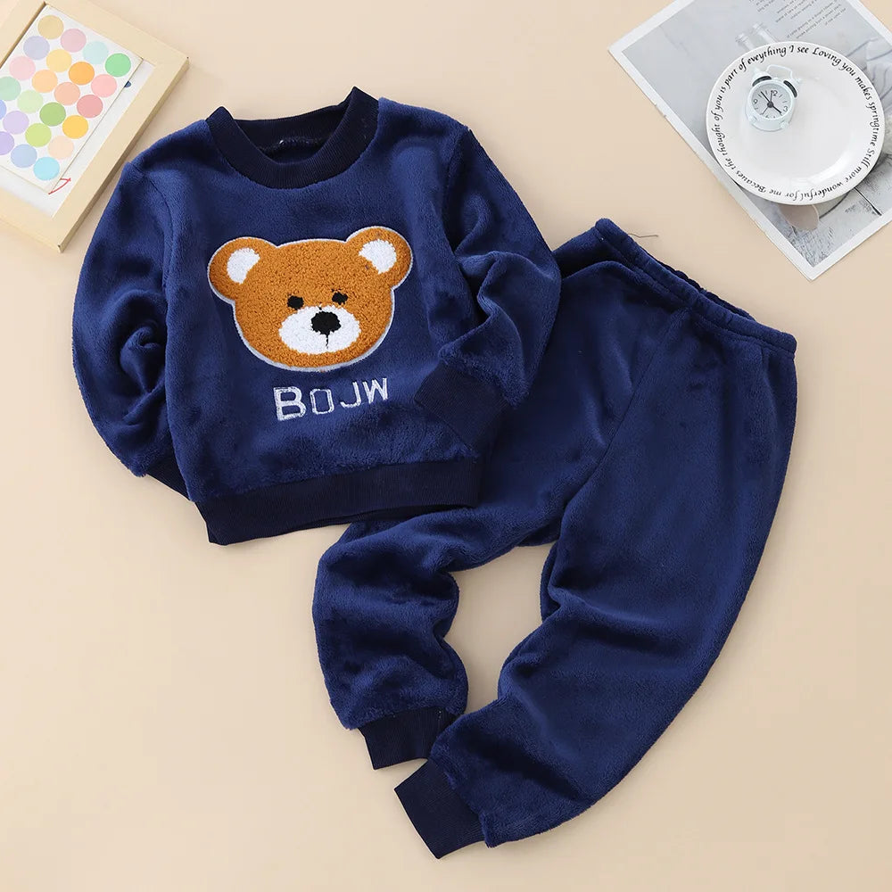 Kids Flannel Pajamas 2Pcs Warm Coral Fleece Sleepwear