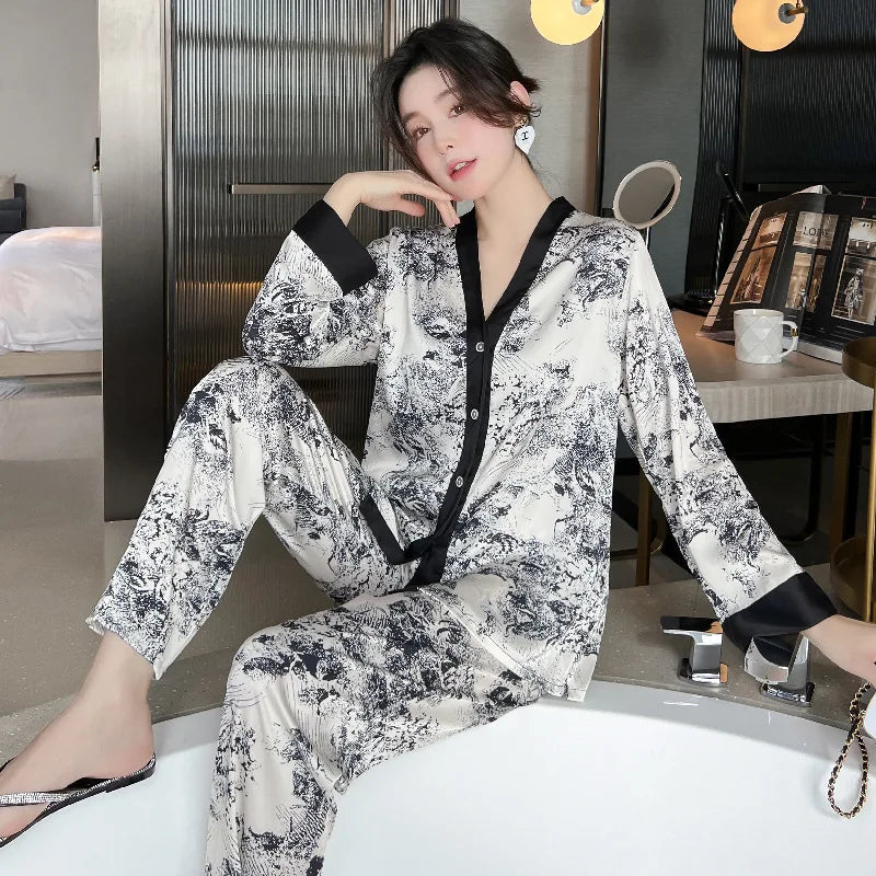 Faux Silk Pajama Set Long Sleeve Elegant Sleepwear