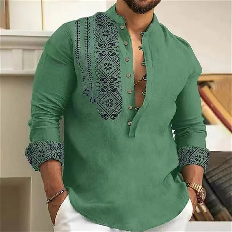 Men Linen Shirt Button Cardigan Retro Slim Fit Top