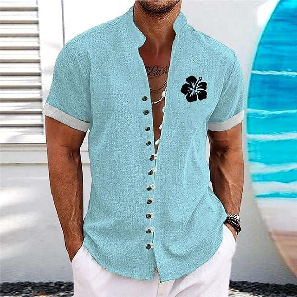 Men Linen Shirt Short Sleeve Retro Ethnic Print Shirt