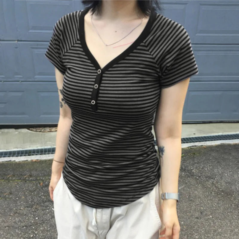 Goth T-Shirt Striped V-Neck Button-Up Slim Top