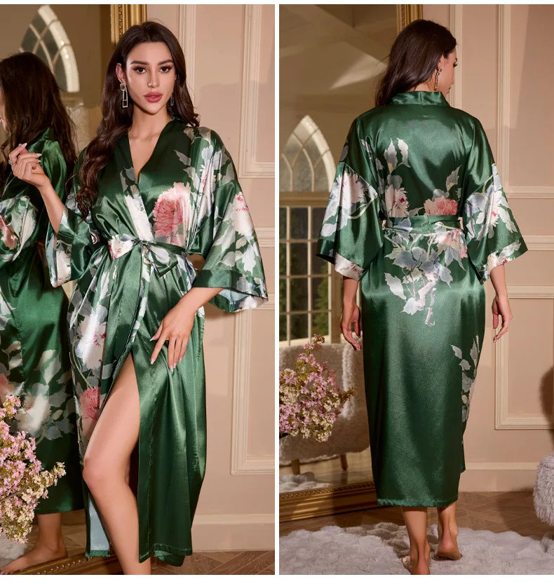 Satin Kimono Robe Chinese Style Long Bathrobe for Women