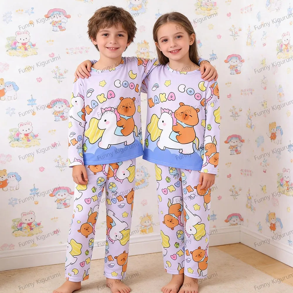 Kids Cartoon Pajama Set Capibara Long Sleeve Sleepwear