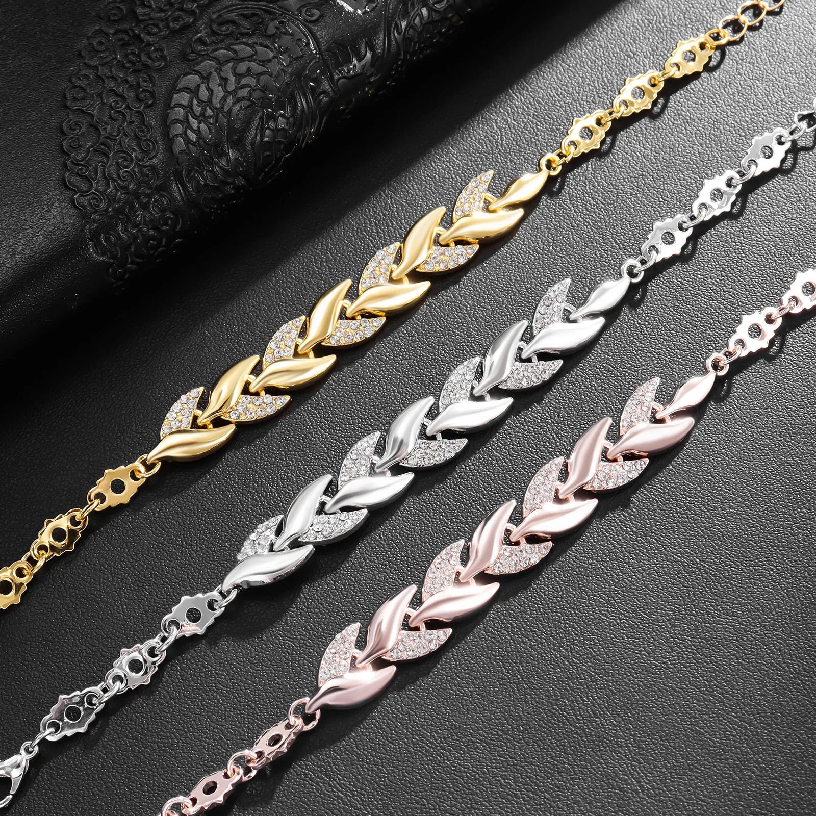 Luxury Braided Leaf Bracelet with Crystal Charm for Women
