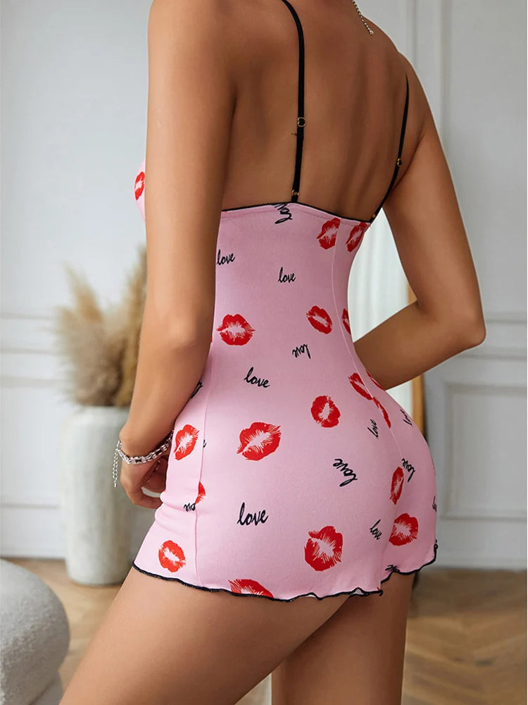 One-Piece Pajamas Red Lip Print V Neck Sleepwear