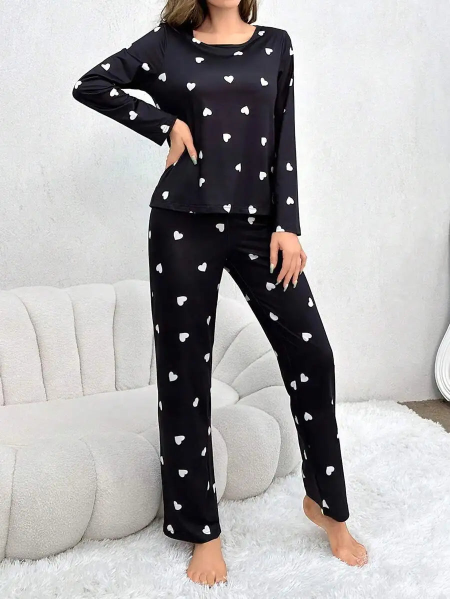 Women Pajamas Set Love Print Long Sleeve Sleepwear