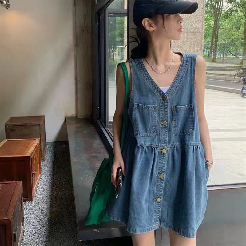 Denim Mini Dress Sleeveless A-Line Korean Style Dress