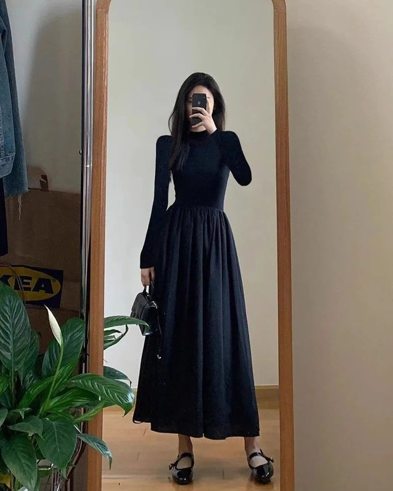 Black A-Line Dress French Style Long Sleeve Midi Dress