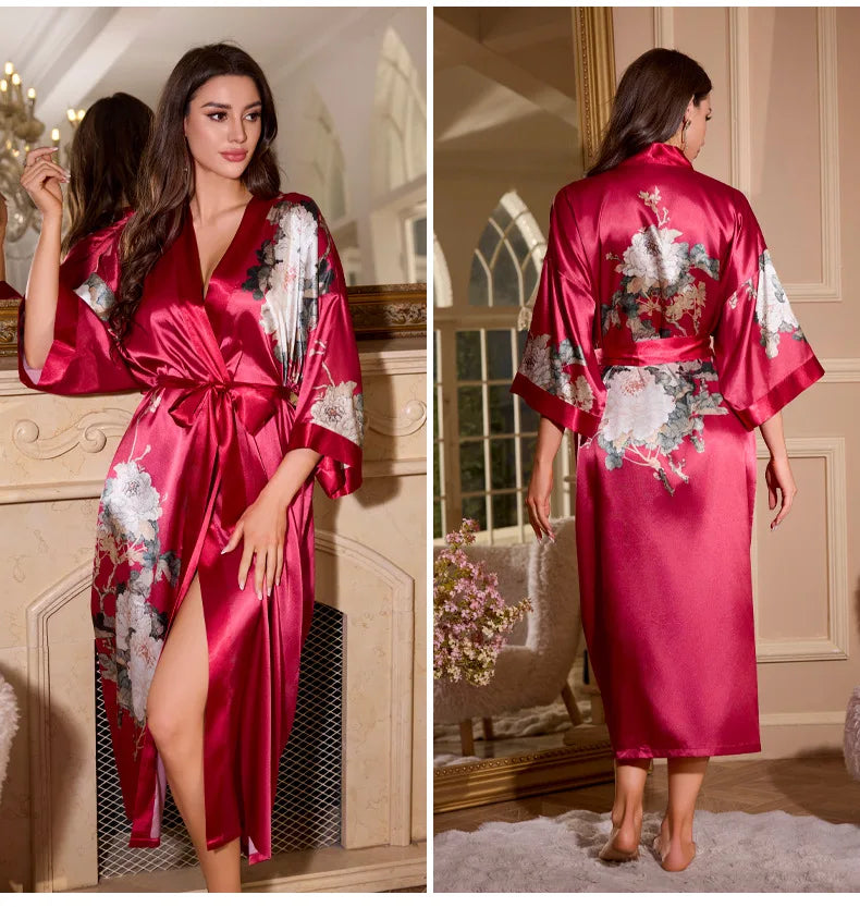 Satin Kimono Robe Chinese Style Long Bathrobe for Women