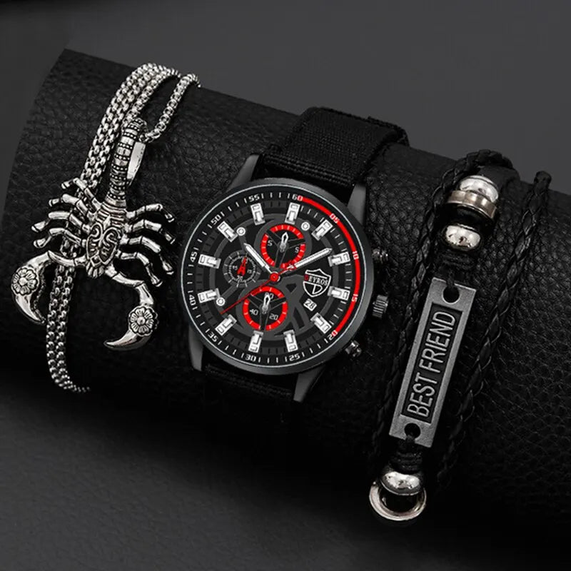 Mens Watch Set 3PCS Quartz Watch Necklace and Bracelet