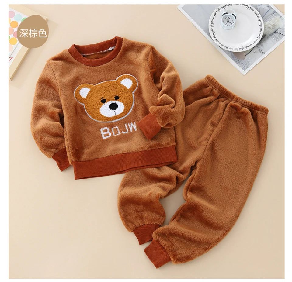 Kids Flannel Pajamas 2Pcs Warm Coral Fleece Sleepwear