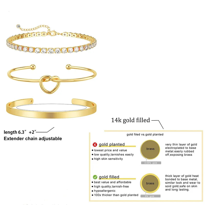 Gold Plated Bracelets 3pcs Stainless Steel Zircon Bangles