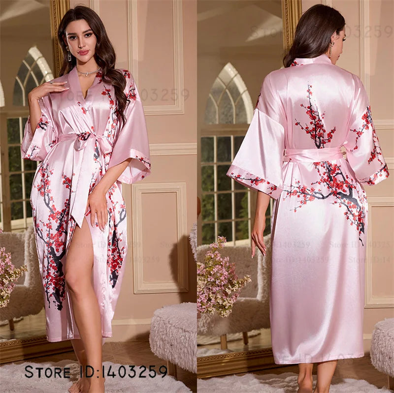 Satin Kimono Robe Chinese Style Long Bathrobe for Women