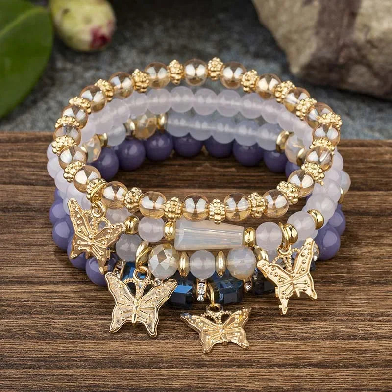 Butterfly Beaded Bracelet Set 4Pcs Pink Acrylic Beads for Women