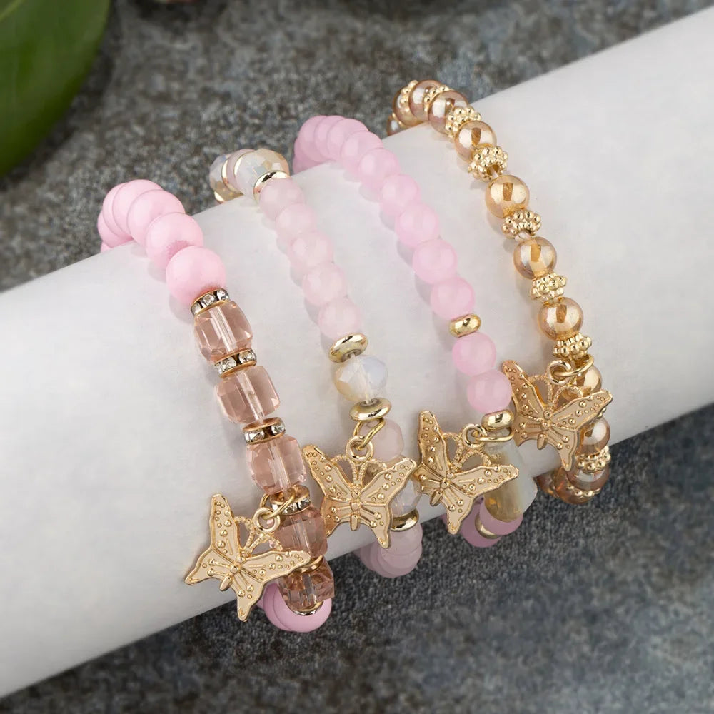 Butterfly Beaded Bracelet Set 4Pcs Pink Acrylic Beads for Women