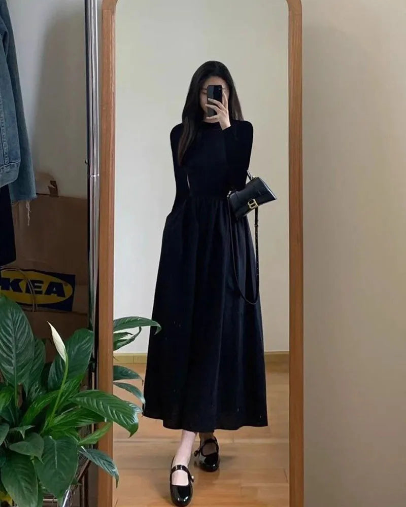 Black A-Line Dress French Style Long Sleeve Midi Dress
