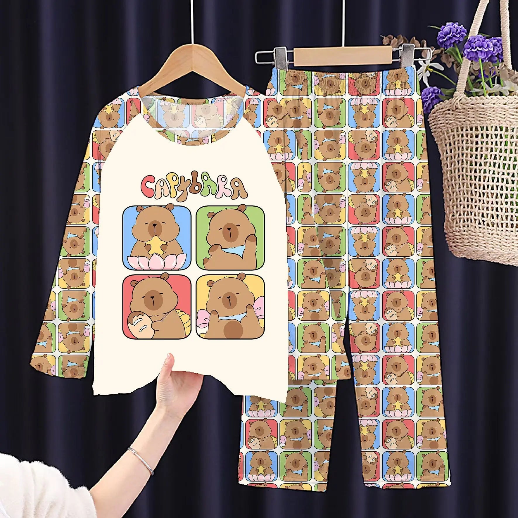 Kids Cartoon Pajama Set Capibara Long Sleeve Sleepwear
