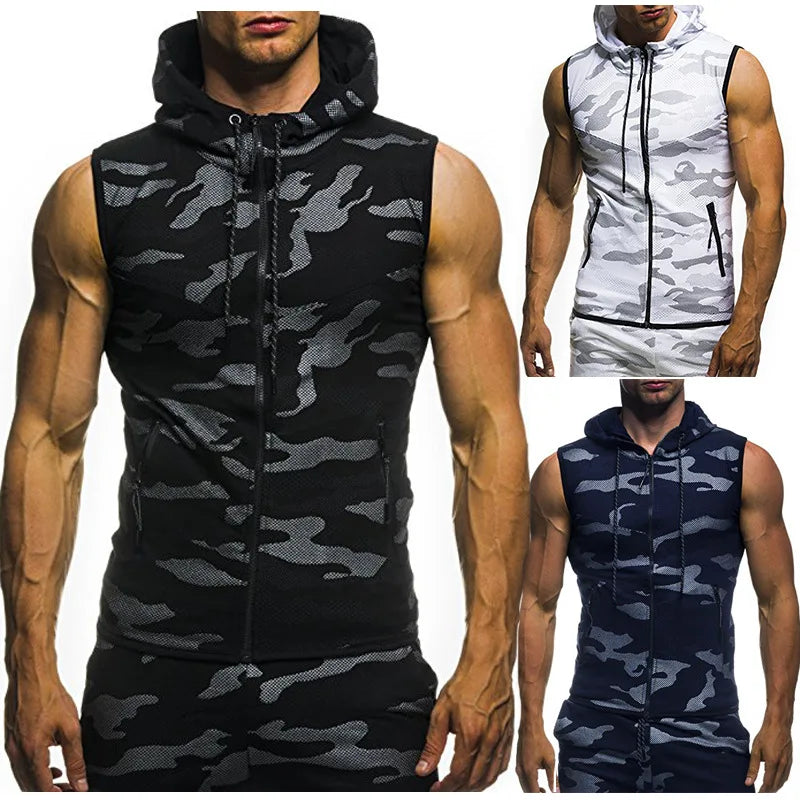 Men Sleeveless Hooded Vest Zipper Streetwear Cardigan