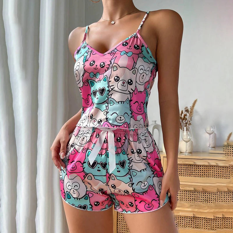 Satin Pajama Set Heart Print 2 Piece Loungewear