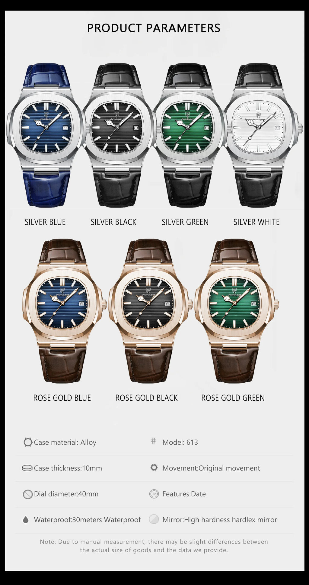 Men Leather Watch Square Waterproof Luminous Quartz Watch