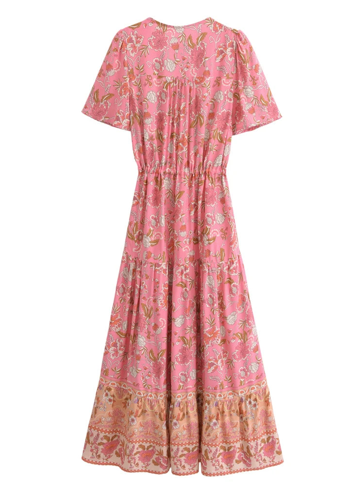 Bohemian Maxi Dress Floral Print Tie Neck Beach Dress