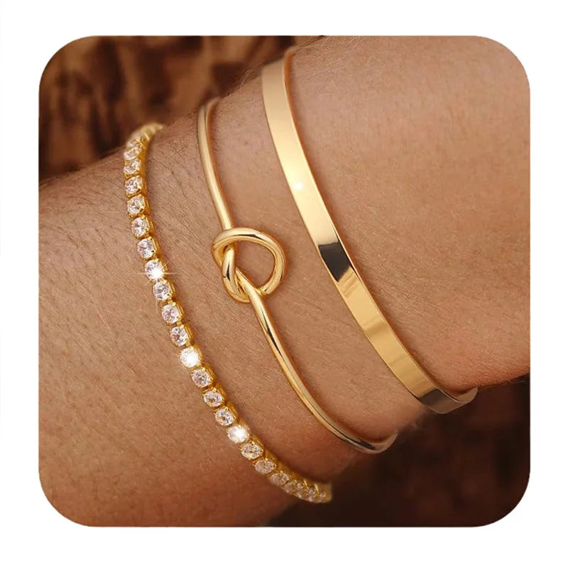 Gold Plated Bracelets 3pcs Stainless Steel Zircon Bangles