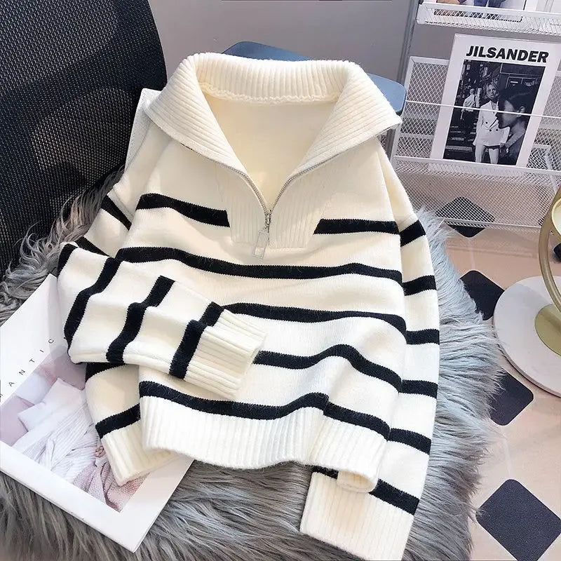 Women Pullover Sweater Zipper Stripe Short Style Top