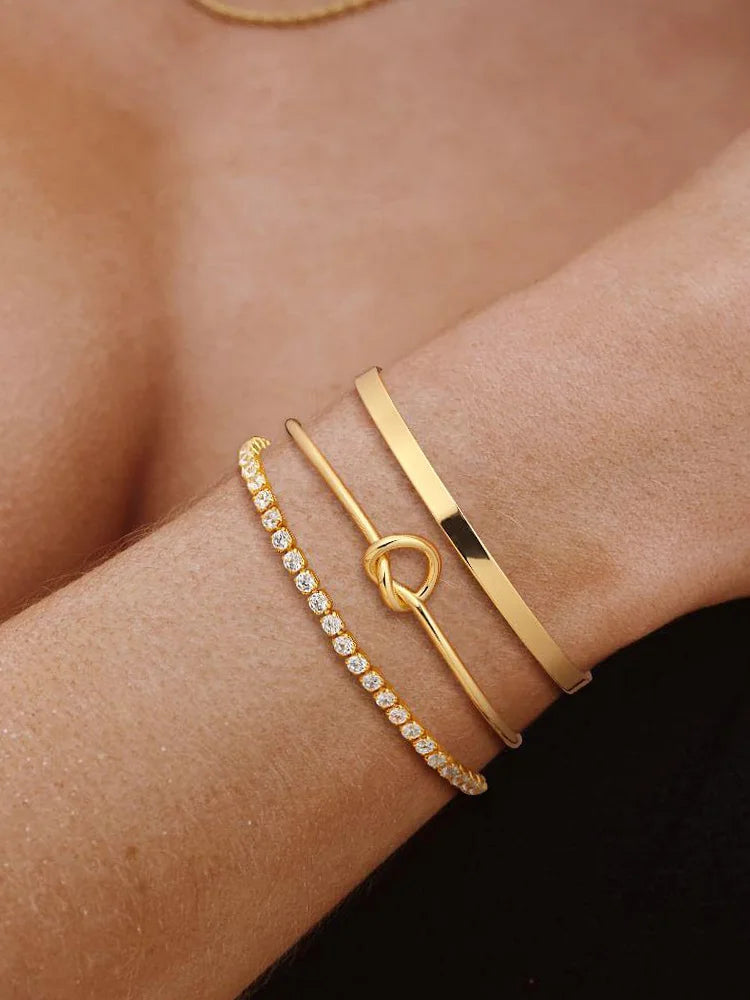 Gold Plated Bracelets 3pcs Stainless Steel Zircon Bangles