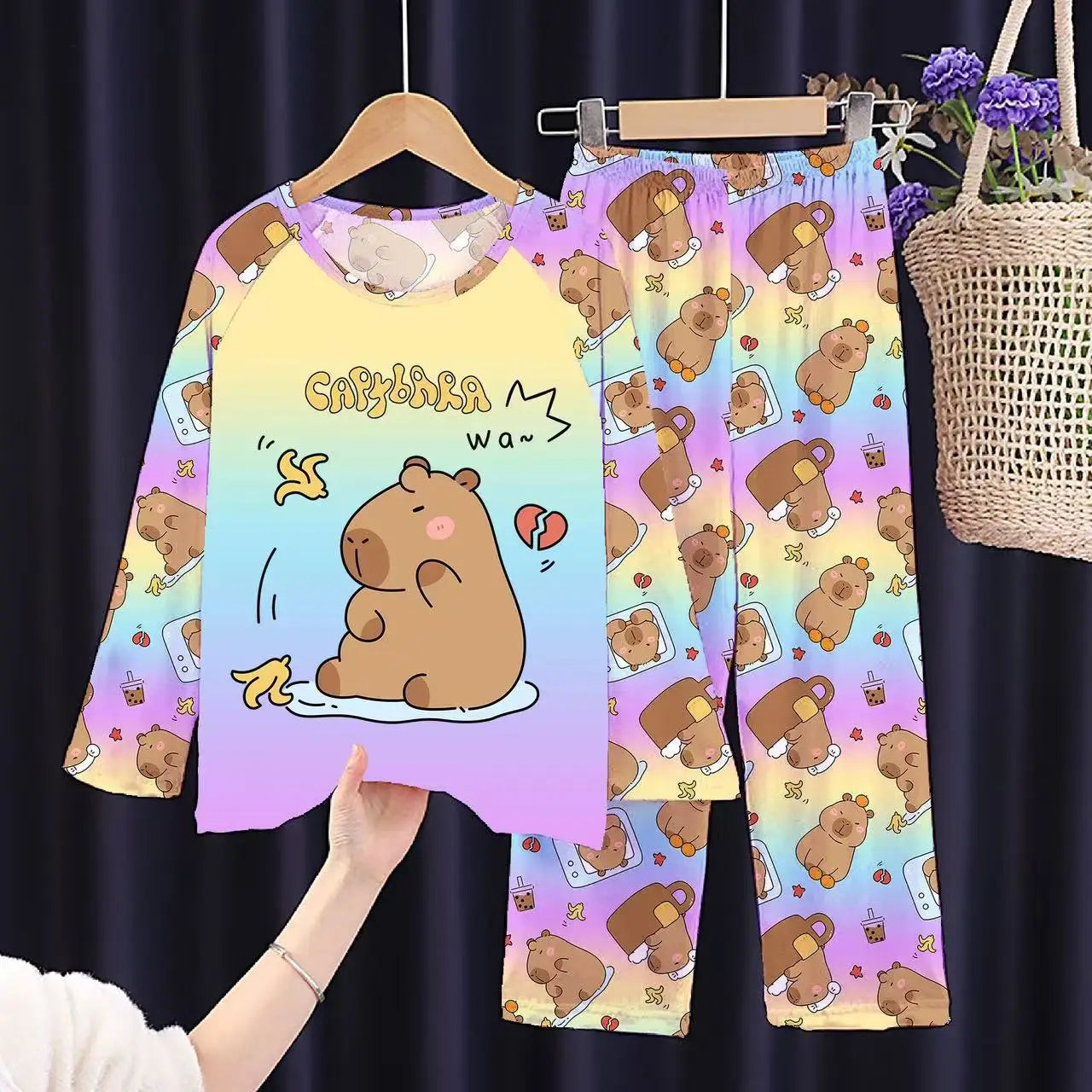 Kids Cartoon Pajama Set Capibara Long Sleeve Sleepwear