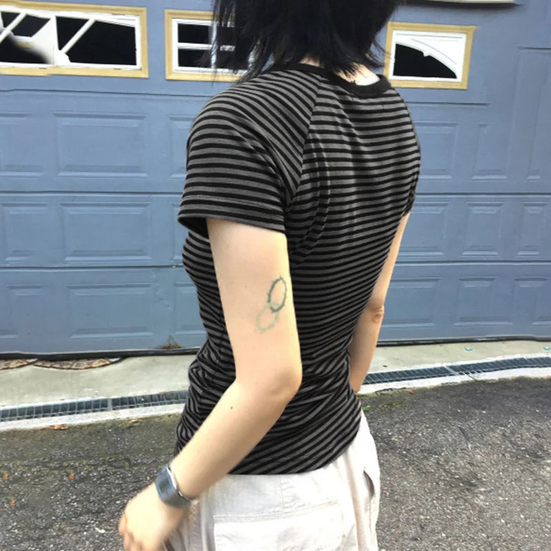 Goth T-Shirt Striped V-Neck Button-Up Slim Top