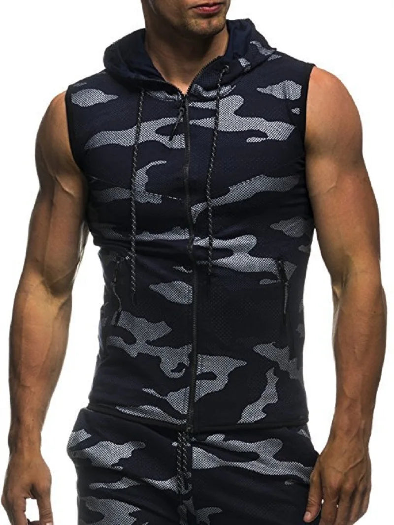 Men Sleeveless Hooded Vest Zipper Streetwear Cardigan