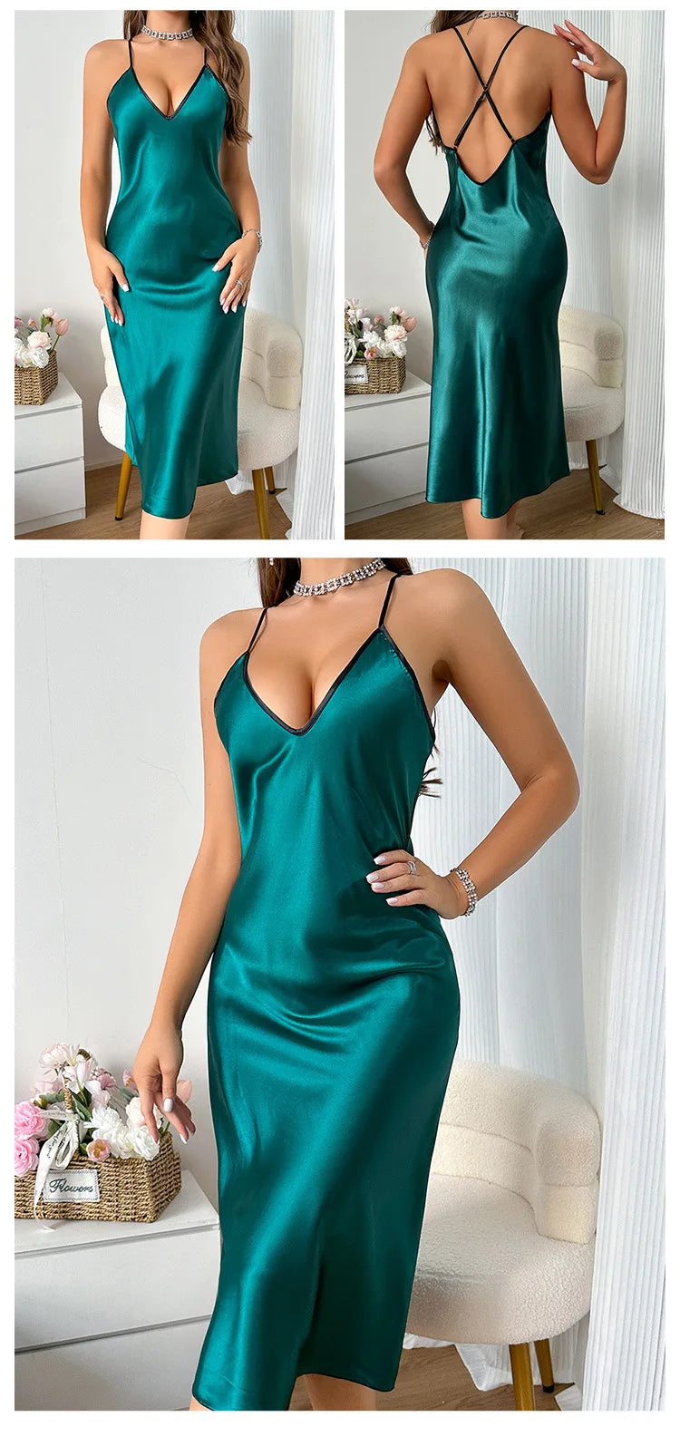 Satin Nightdress Backless Long Chemise Sleepwear