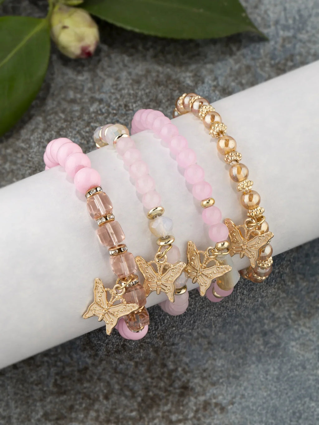 Butterfly Beaded Bracelet Set 4Pcs Pink Acrylic Beads for Women