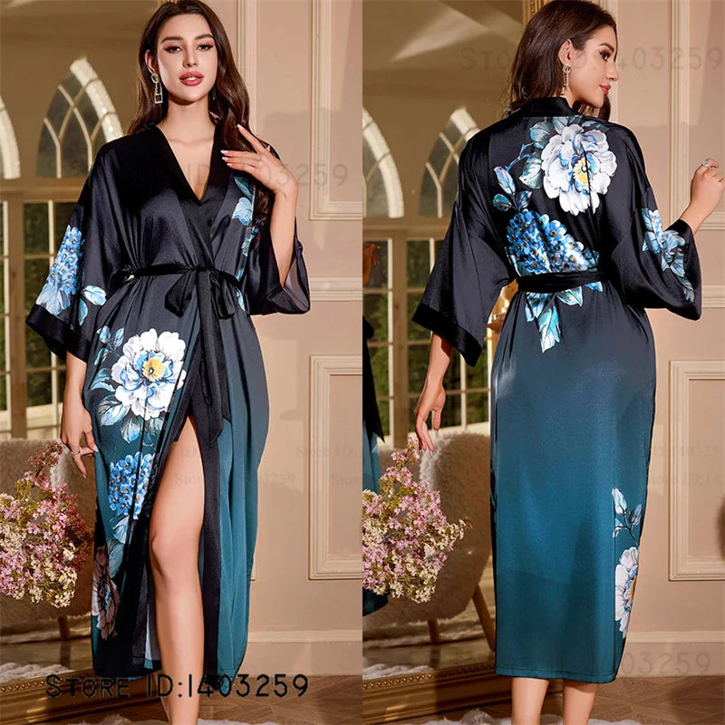 Satin Kimono Robe Chinese Style Long Bathrobe for Women