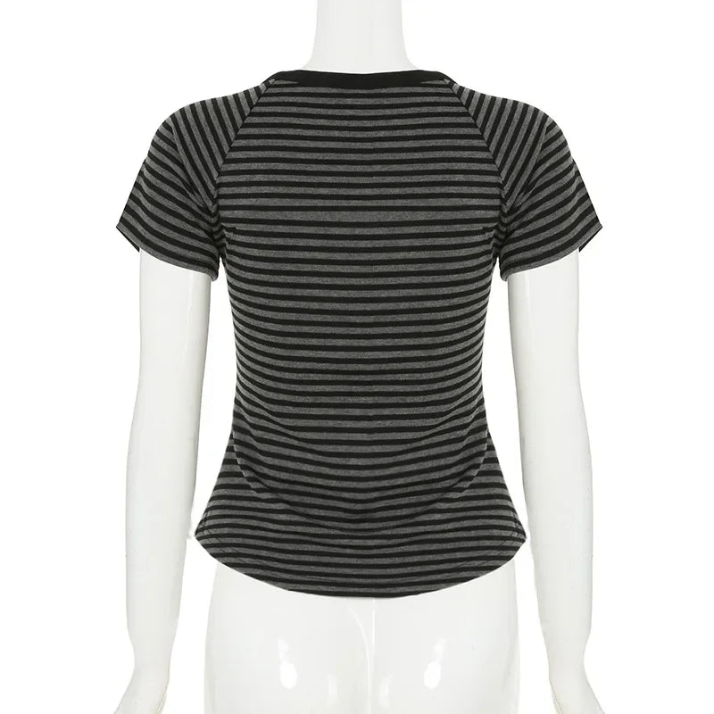 Goth T-Shirt Striped V-Neck Button-Up Slim Top