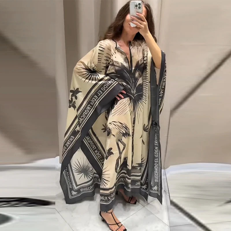 Floral Maxi Dress Oversize V-Neck Beach Dress for Women