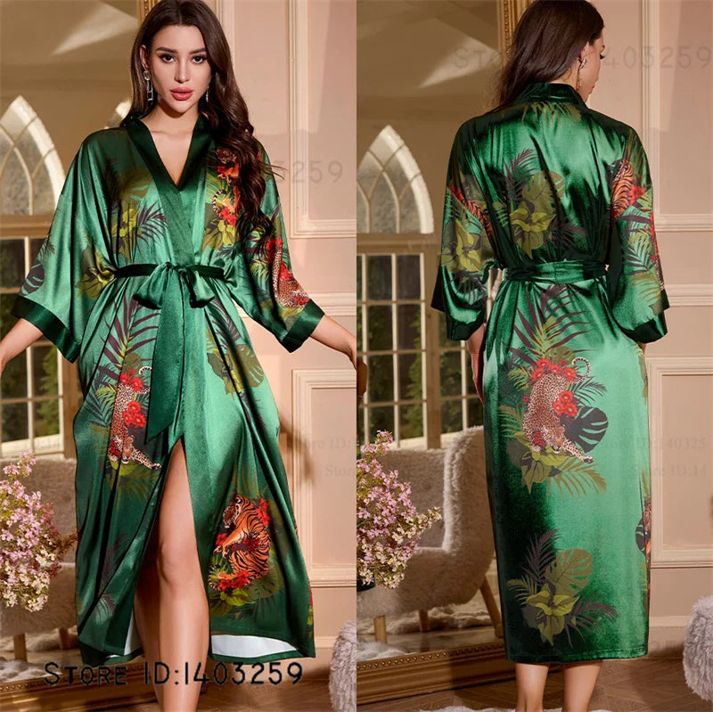 Satin Kimono Robe Chinese Style Long Bathrobe for Women