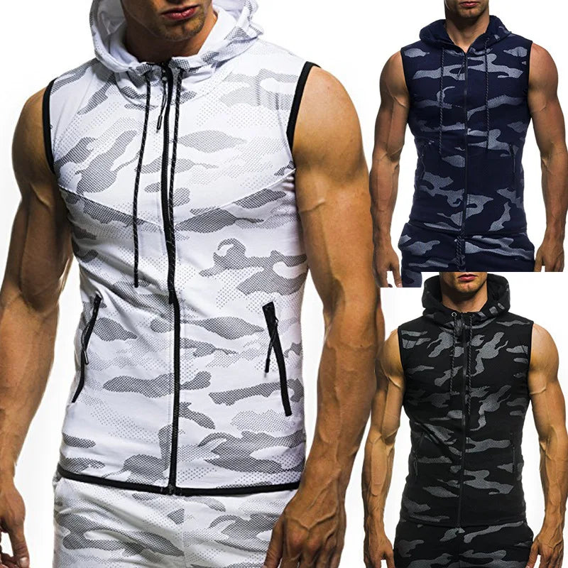 Men Sleeveless Hooded Vest Zipper Streetwear Cardigan