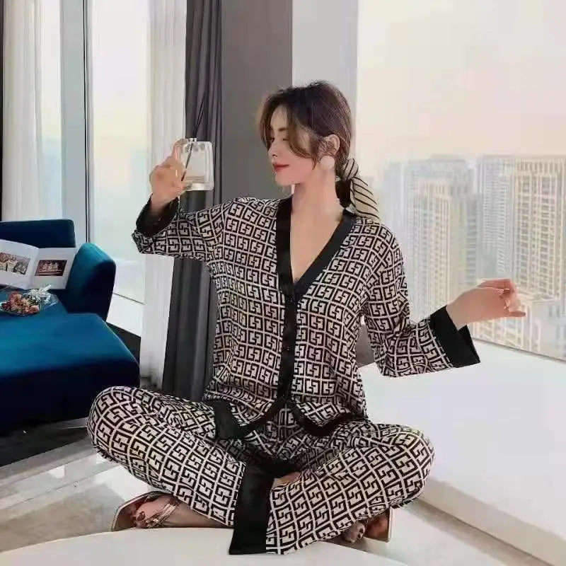 Faux Silk Pajama Set Long Sleeve Elegant Sleepwear