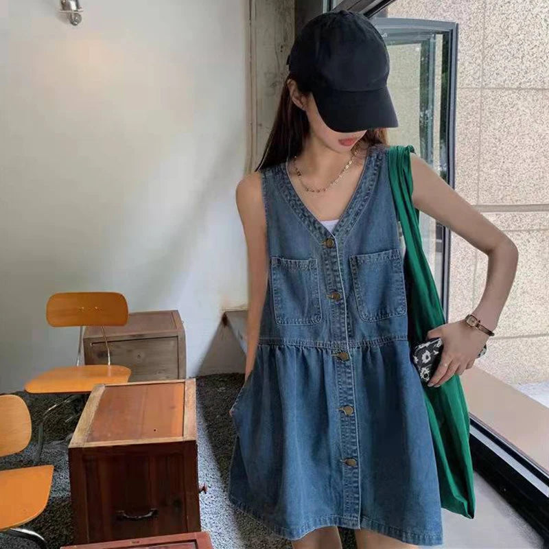 Denim Mini Dress Sleeveless A-Line Korean Style Dress