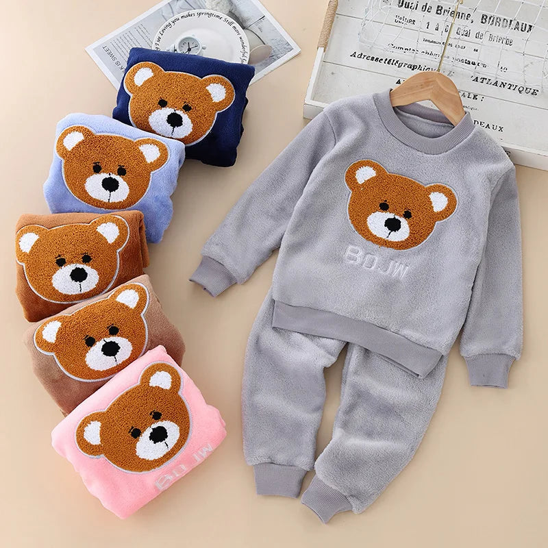 Kids Flannel Pajamas 2Pcs Warm Coral Fleece Sleepwear