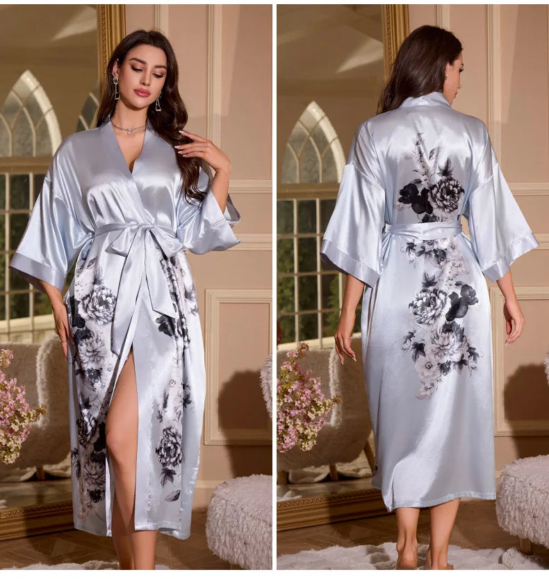 Satin Kimono Robe Chinese Style Long Bathrobe for Women