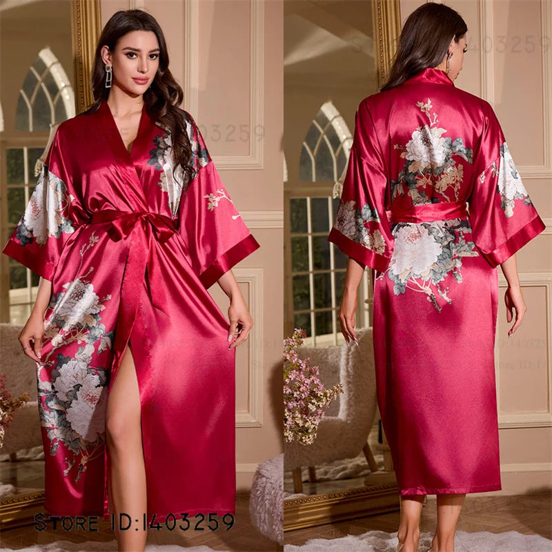 Satin Kimono Robe Chinese Style Long Bathrobe for Women