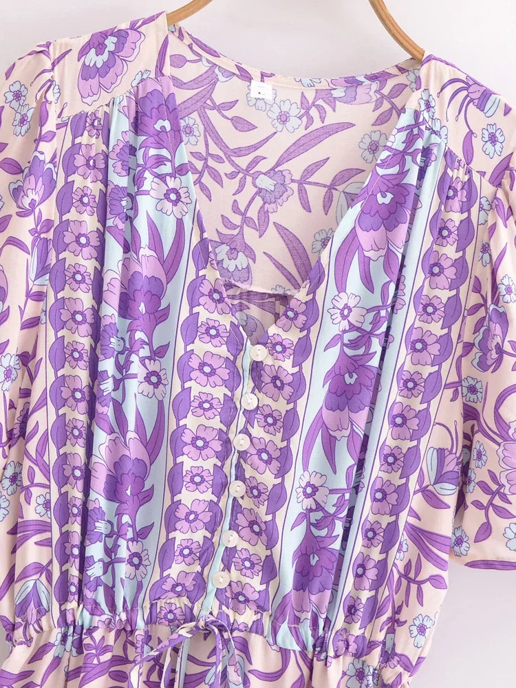 Bohemian Maxi Dress Floral Print Tie Neck Beach Dress