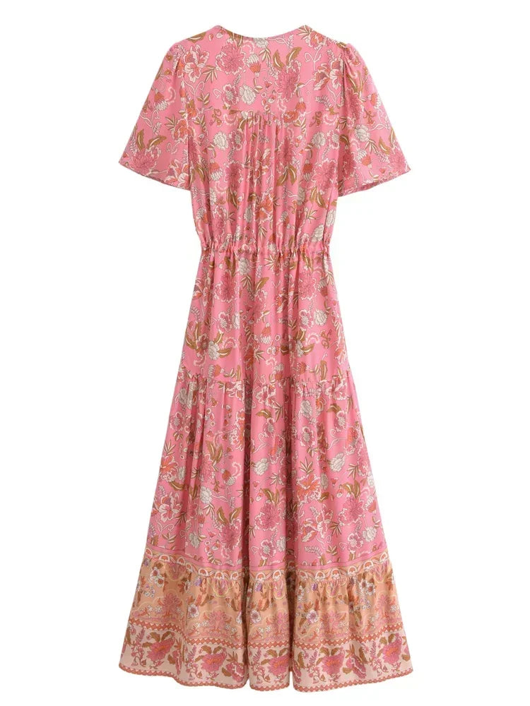 Bohemian Maxi Dress Floral Print Tie Neck Beach Dress